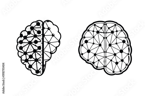 Abstract black and white geometric network diagrams representing neural connections or data