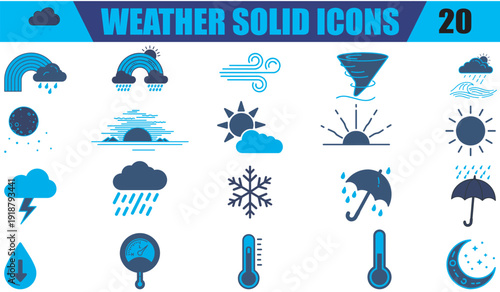 Weather solid icons set blue sun cloud rain snow storm meteorology eps 10