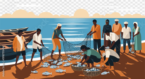 Fishermen haul in a net full of fish on a sandy shore.