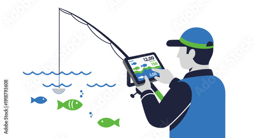 Person fishing using a tablet displaying fish and water.