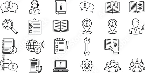 Information and support line icons set, help center knowledge base symbols collection including chat book checklist gear and user assistance vector