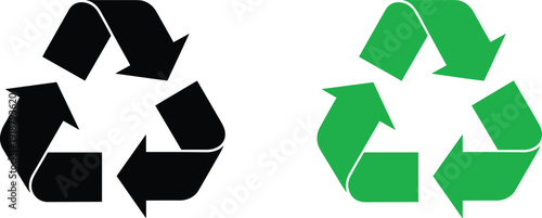 Recycle symbol icon in black and green colors for environmental protection and sustainability concept