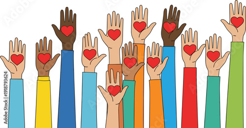 Raised diverse hands with red hearts on palms, symbolizing love, support, unity, volunteerism, community diversity and collective compassion design