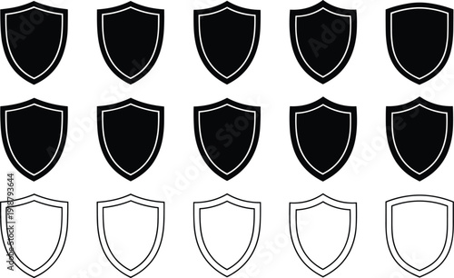Shield badge icon collection in solid and outline styles for security protection heraldic emblem design