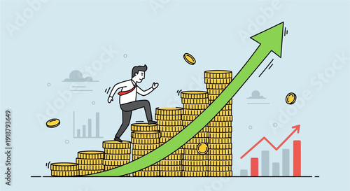 A man climbing a staircase of coins with an upward green arrow, symbolizing financial growth and career success.