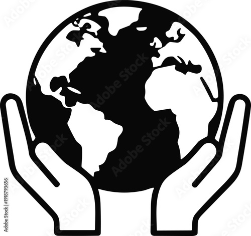 Hands holding globe icon silhouette showing continents, symbolizing global care, protection, environment, humanitarian support, unity, sustainability, peace, responsibility
