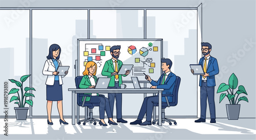 A diverse team of business professionals collaborating in a modern office meeting room with a whiteboard, laptops, and tablets.