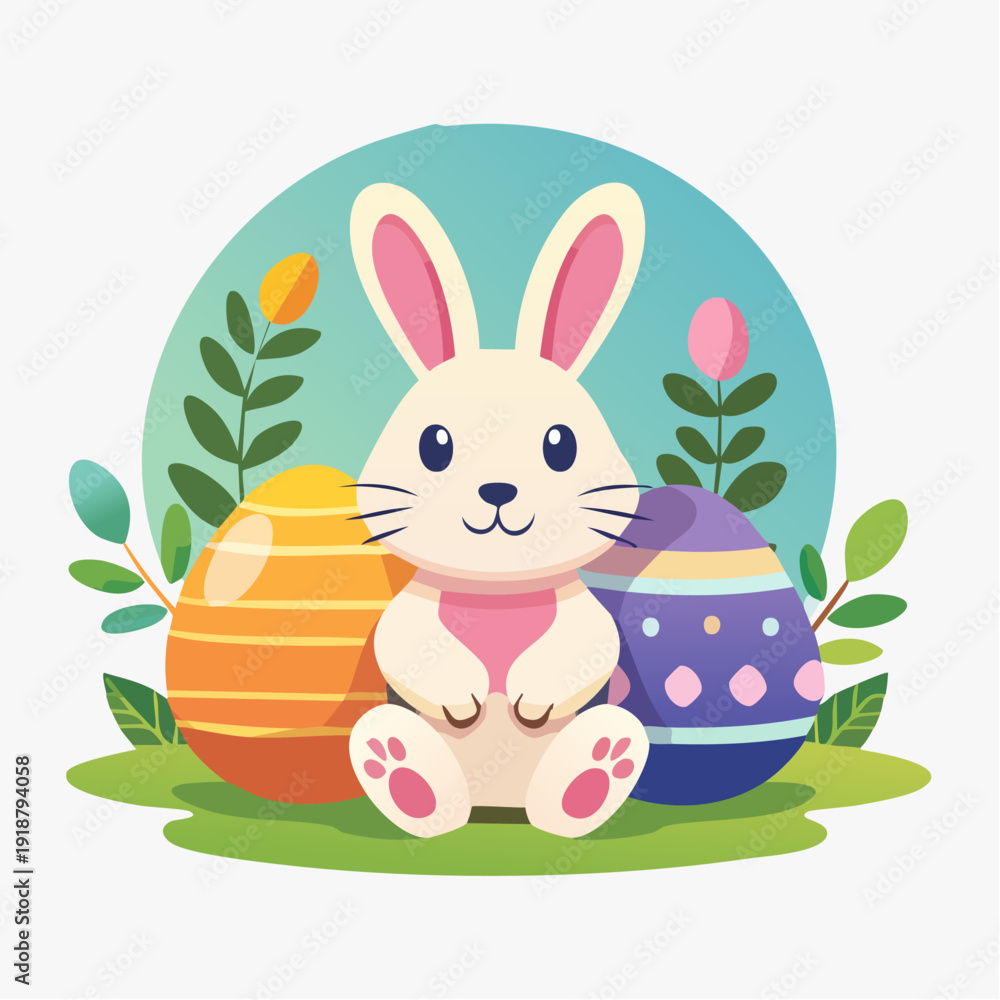 Fototapeta premium A cartoon bunny sitting with Easter eggs surrounded by flowers and leaves in a serene environment from a frontal viewpoint