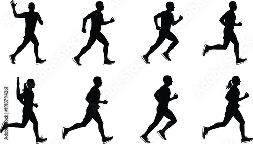 Running silhouette vector illustration, sequence of athletes in dynamic motion poses showing speed, energy, biomechanics and sports performance concept