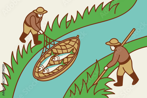 Fishermen proudly haul a net brimming with fresh fish from a serene river, showcasing a bountiful harvest and timeless tradition.