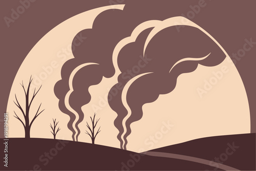 Industrial smoke plumes rise against a bruised sky over a barren landscape