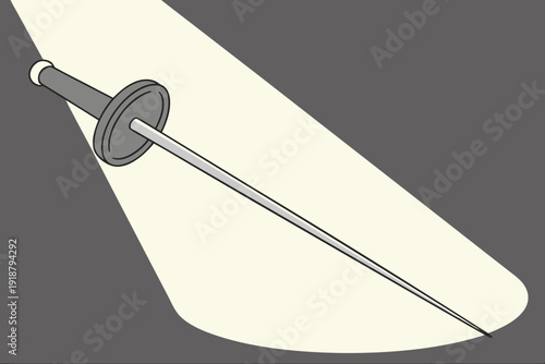 Sharp fencing foil tip gleams in spotlight, poised for combat against an unseen opponent
