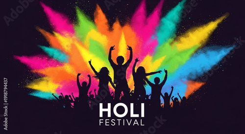 Vibrant celebration of Holi festival with silhouetted people rejoicing amidst colorful powder explosion in the air