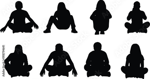 Seated human posture silhouettes illustration, sitting position vector artwork, ergonomic body language design graphics, people icons set collection