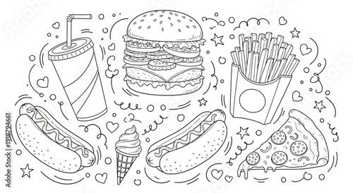 Black and white line art illustration of various fast food items including a burger, fries, soda, hot dogs, pizza, and ice cream.