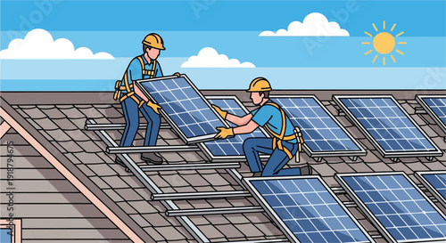 Two workers installing solar panels on a house roof under a sunny sky, focusing on renewable energy and home improvement.