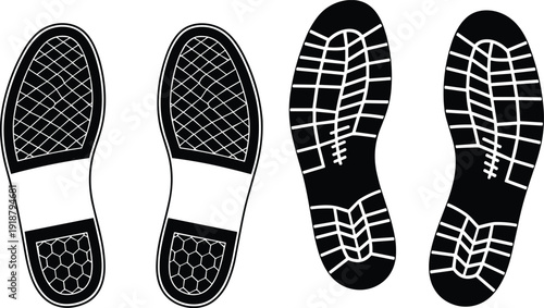 Shoe sole prints illustration, footwear tread vector artwork, sneaker outsole design graphics, pattern comparison icons set, walking symbol collection