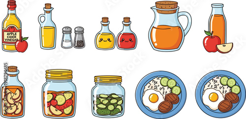 Cute food and drink illustration set. Vinegar, olive oil, juice bottles, infused jars and breakfast plates. Cartoon style collection isolated on white background with gray border.