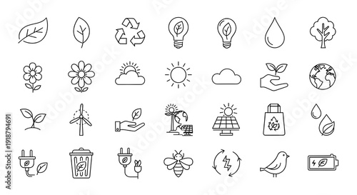 Photos Set of 30 outline icons related to eco, leaf