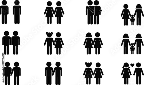 Silhouette icons of diverse couples and families, male and female pairs, children, disability inclusion, affection symbols, minimalist vector artwork