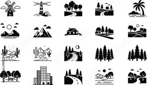 Nature landscape and scenery icon set featuring mountains, forest, beach, city buildings, desert, lighthouse, and countryside silhouettes for travel and environmental design