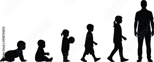 Human growth evolution silhouettes, crawling infant to standing adult progression, childhood development stages, people life cycle vector illustration design