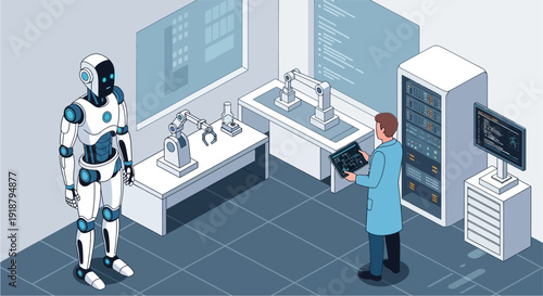 Isometric illustration of a scientist working with a humanoid robot and robotic arms in a high-tech research laboratory.