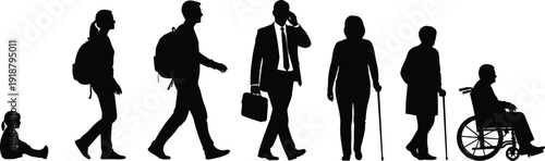 Human life cycle silhouettes, aging stages, childhood to elderly progression, development journey, growth timeline, generational transition, people evolution vector illustration design