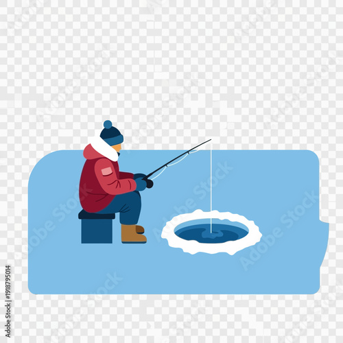 Person ice fishing on frozen water with fishing rod.