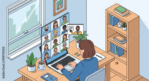 A person working from home on a laptop, participating in a video conference with multiple colleagues, in a cozy home office setup.