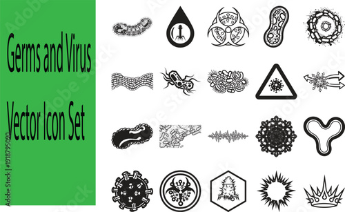 Black Solid Germs and Virus Vector Icon Set Featuring Microbes, Bacteria, Pathogens, Biohazard Symbols and Microscopic Infection Elements Isolated on White Background for Medical Design Use