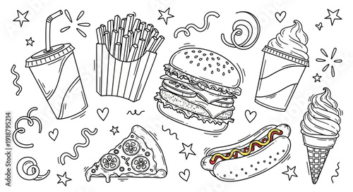Hand-drawn doodle set of popular fast food items including burger, fries, pizza, hot dog, soda, milkshake, and ice cream cone with decorative elements.