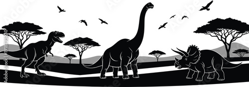   
Silhouette illustration of dinosaurs including Tyrannosaurus, Brachiosaurus, Triceratops in prehistoric landscape with trees, hills, flying birds, ancient nature concept