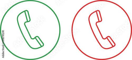 Phone call accept and decline icons set, green and red handset buttons for incoming call interface vector