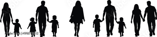 Silhouette illustration of diverse family groups with adults and children, standing together, family unity, social relationship concept