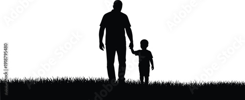 Silhouette of adult and child holding hands on grassy ground with dark platform, family bond, guidance, companionship, parenting concept