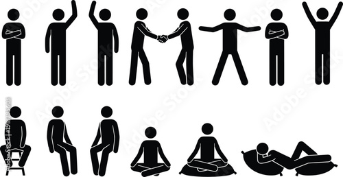 Silhouette stick figures in various human postures, standing and seated gestures, communication, relaxation, ergonomic design, minimalist vector artwork