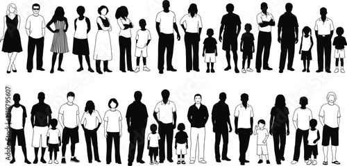 Silhouette vector illustration of diverse people, adults and children, standing together, community group artwork, inclusive design, black and white figures