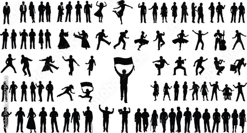 Silhouette vector illustration of people celebrating, dancing, running, jumping, holding flags, diverse human group artwork, unity and movement design