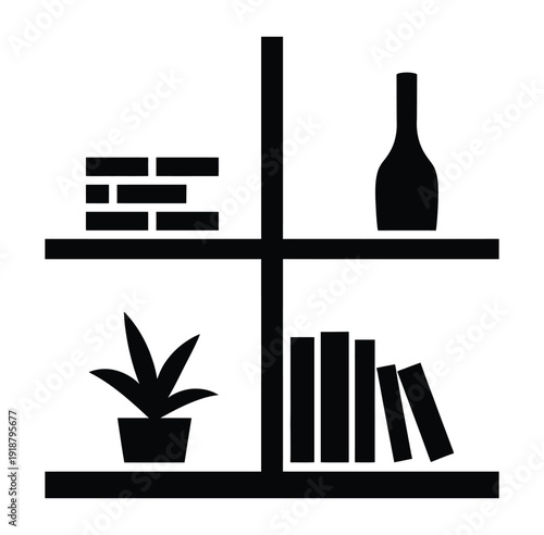 A serene and modern home interior featuring a shelf with books, a plant, and a wine bottle, evoking a sense of calm and sophistication.