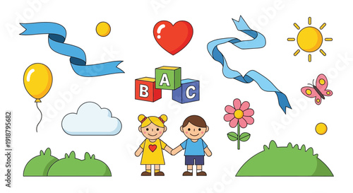 A vibrant collection of colorful cartoon illustrations depicting elements associated with childhood, learning, and happiness, including children, toys, nature, and celebratory symbols.