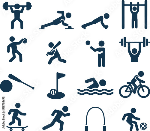Fitness and Exercise Symbols, Weightlifting, Push-Up, Pull-Up, Table Tennis, Baseball, Golf, Swimming, Cycling Icons