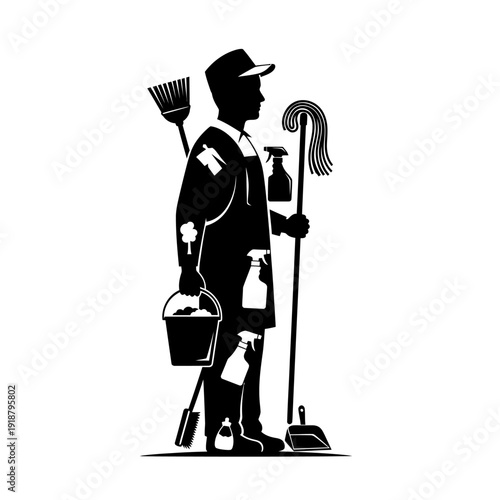 Janitor with Cleaning Tools and Equipment.