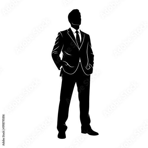 Man in Suit Standing with Hands in Pockets.