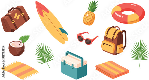 Summer beach travel accessories set with surfboard suitcase backpack pineapple lifebuoy sunglasses cooler and tropical leaves vector illustration.