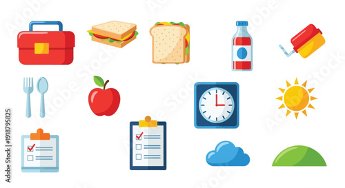 A collection of cartoon-style illustrations depicting various items related to school lunches, time management, and outdoor activities.