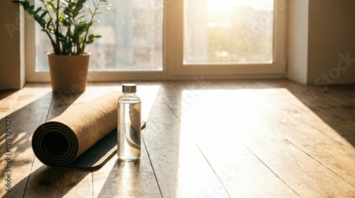 Rolled cork yoga mat and clear glass water bottle rest on wooden floor near bright window
