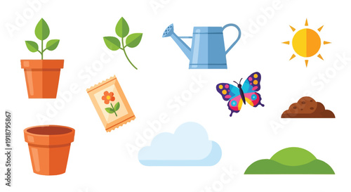 A vibrant collection of gardening and nature elements including potted plants, seeds, watering can, sun, soil, butterfly, and cloud.