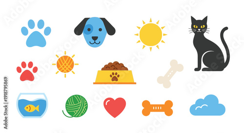 Flat design pet icons collection with dog, cat, fish, paw prints, food, and toys on a white background.