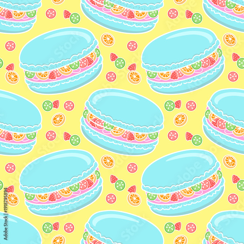 This vibrant blue macaroon pattern shifts its color palette and style to a playful and cute look, evoking cheerfulness with adorable lines and a stylish yellow-blue color combination.